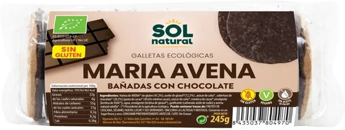 Sol Natural Biscoitos Maria De Aveia Sem Glúten Banhados Chocolate Bio 245g