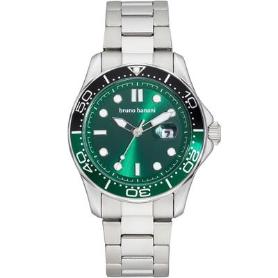 Quarzuhr BRUNO BANANI "Hero", grün (silberfarben, grün, silberfarben, grün), Armbanduhren, Herren, silberfarben, Quarzuhr, Armbanduhr, Herrenuhr, Edelstahlarmband, analog, Tag