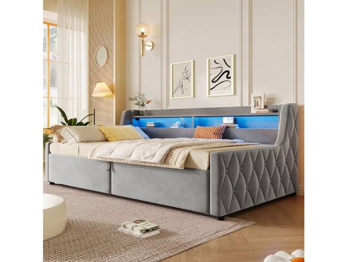 lit adulte simple rangement coffre 90x200 avec tete de lit LED en flanelle grise pour chambre enfant ado invite Grjofek