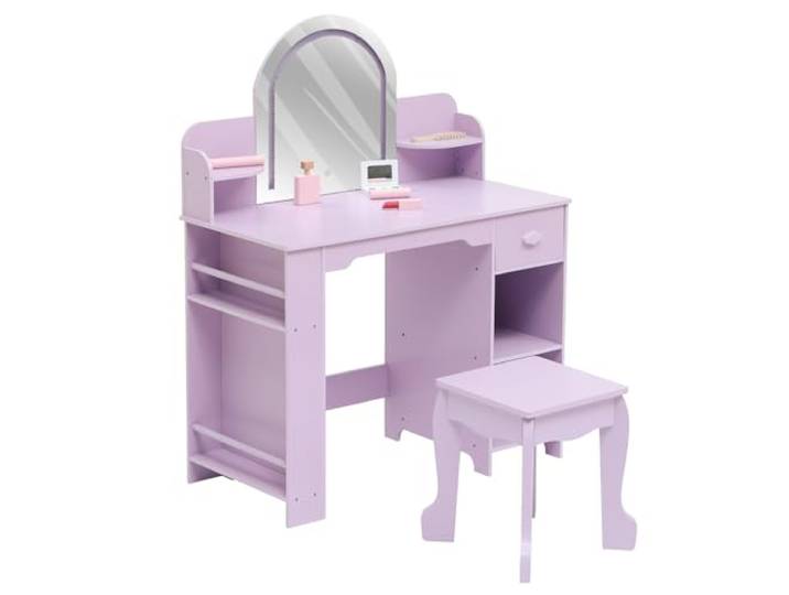 GarveeLife Schminktisch für Kinder mit Hocker und LED-Spiegel, Kleiner Schminktisch mit Schublade und 1 offenen Fächern, für Mädchen von 3-6 Jahren, Violett
