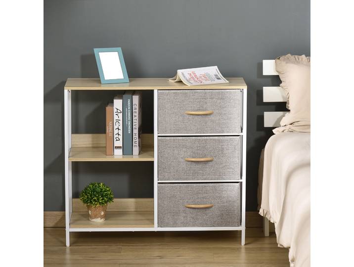 HOMCOM Commode 3 Tiroirs Tissu Beige 2 Étagères