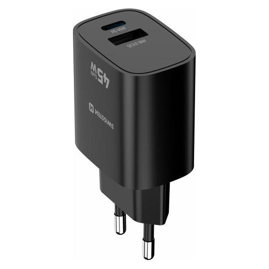 Swissten Travel Charger Edge GaN 1x USB-C PD 45W + 1x USB-A 18W QC - Black (45 W, 2 Ports) (22071719)