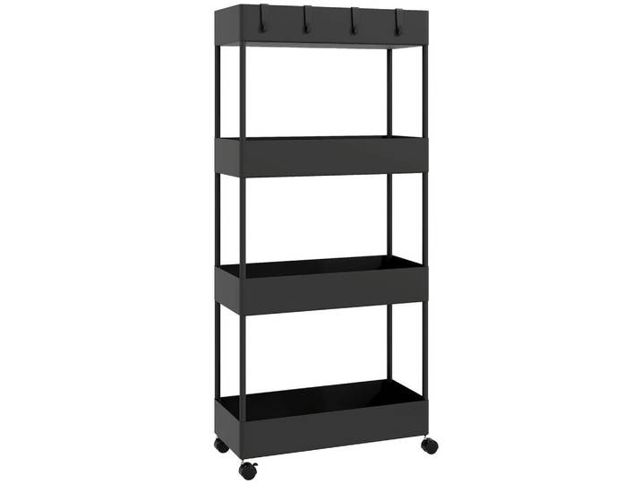 Homcom Rollwagen, Küchenregal mit 4 Ebenen, Aufbewahrungsregal mit Rollen, Küchenwagen, Schwarz, Metall, 19x90x40 cm, Esszimmer, Servierwagen