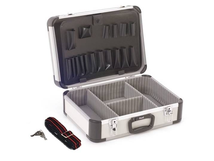 Mallette À Outils Vide\, Valise Outils Vide\, Mallette De Rangement\, Valise Transport\, Compartiments Individuels\, Poches À Outils\, Verrouillable\, 2 Clés Incl.\, Aluminium\, Bandoulière\, Gris\, 460 X - Perel