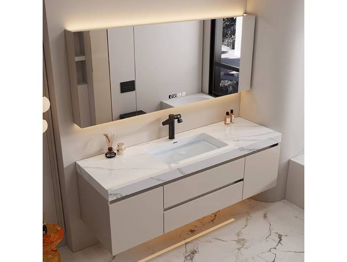Armoire de salle de bain de luxe, dalle de roche, lavabo en céramique sans couture, combinaison de lavabo de salle de bains, lavabo de visage, rangement de salle de bains