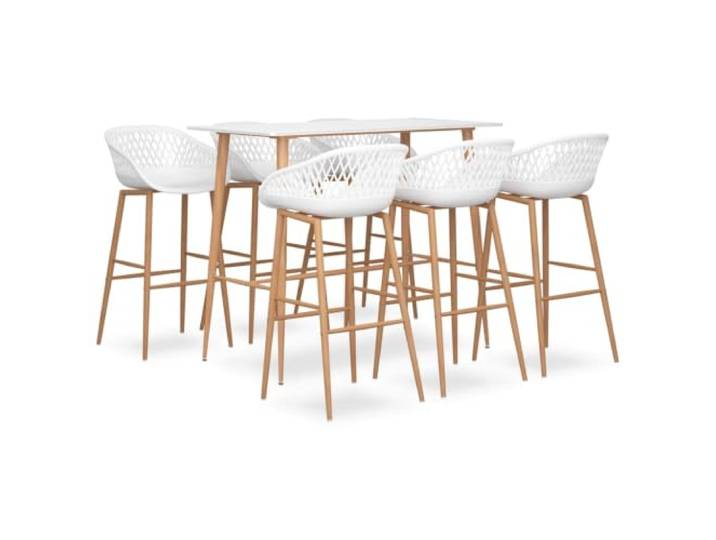 MBDRKVGF 7-TLG. Bar-Set Weiß/Tisch 6 Stühle MDF Metall Essgruppe Design Inklusive 6 Hocker, Mit Thermotransfer-Holzoptik, Modernes Netz-Design