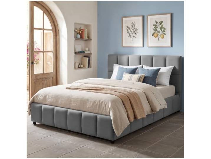 tectake® Polsterbett 180x200 cm, Kassettensteppung, integrierter Lattenrost pulverbeschichtetes Stahlgestell, bodenschonende Kunststofffüße, Belastbarkeit 250 kg, Samtoptik dunkelgrau
