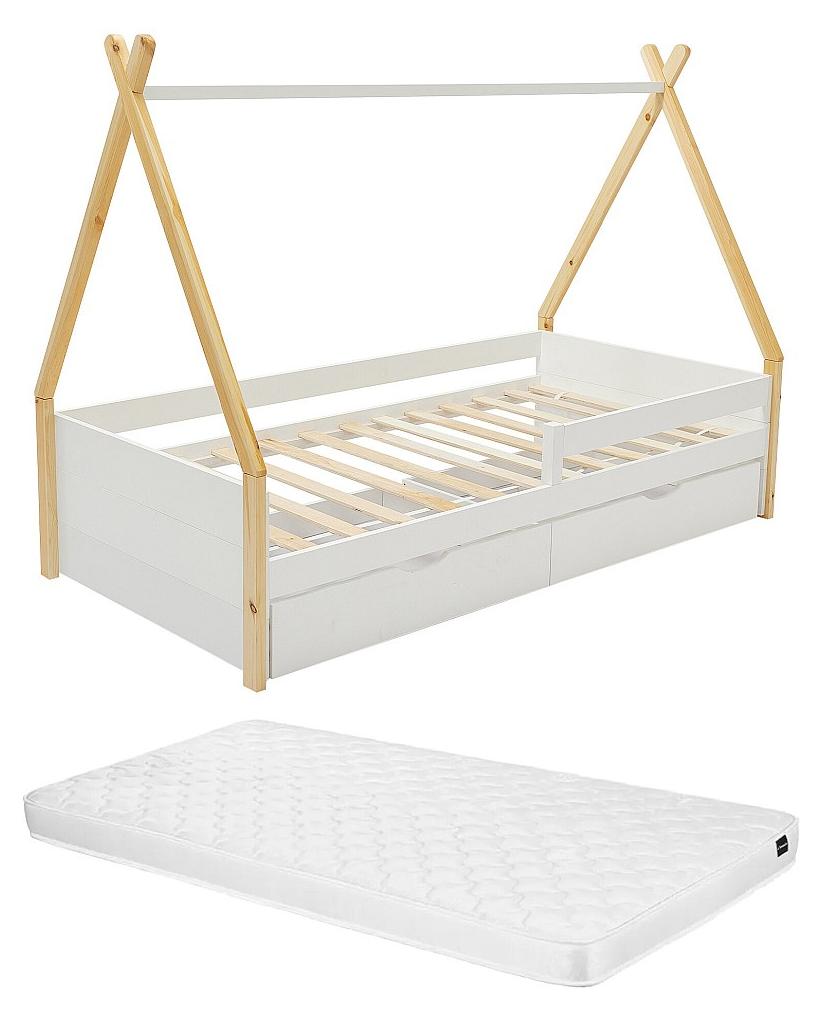 Kinderbett Tipi-Bett mit Schubladen + Matratze - 90 x 190 cm - Kiefer & MDF - Weiß & Holzfarben - LUANCO