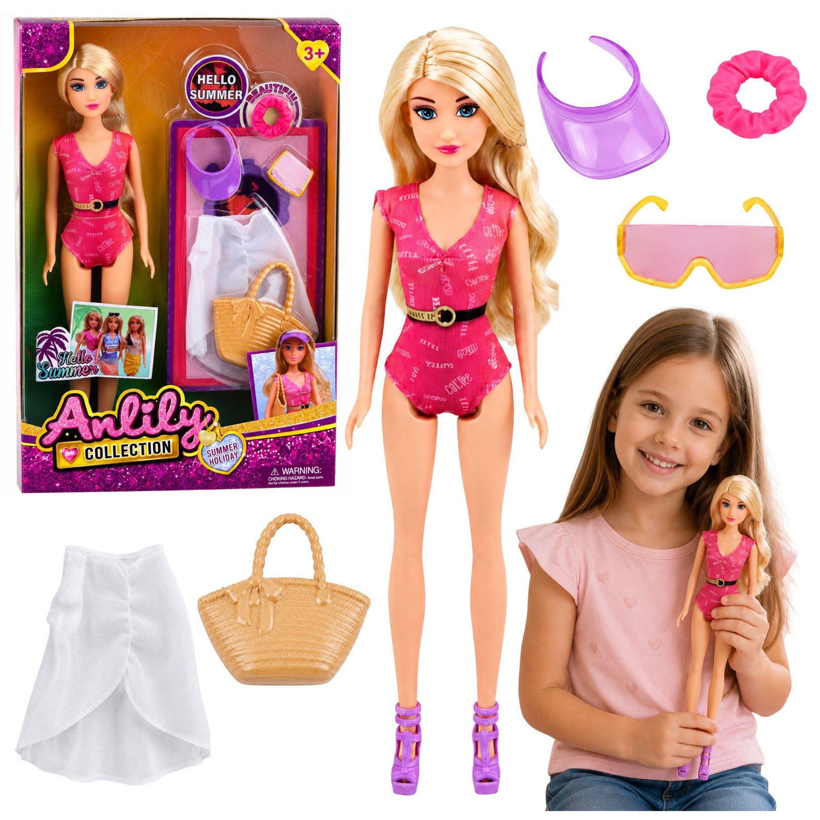 Lean Toys Anlily pop met badpak, strandtas en accessoireset