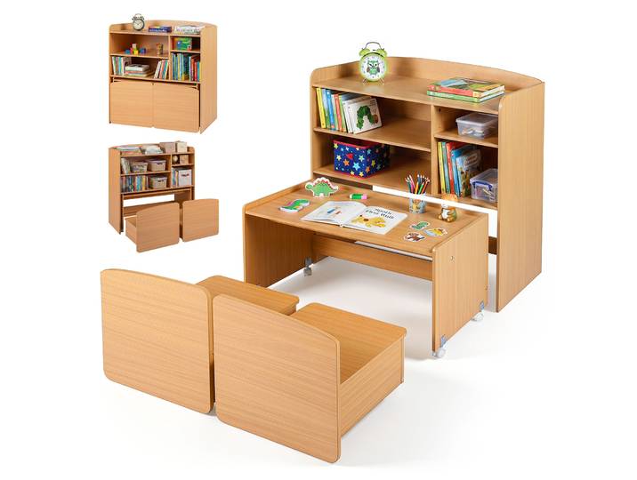 3 in 1 Kinderrekje Speelgoedrek met Bureau op Wielen Kinderstoel met Rugleuning Kindertafel met 2 Stoelen Kinderkast met Open Vakken Opbergkast