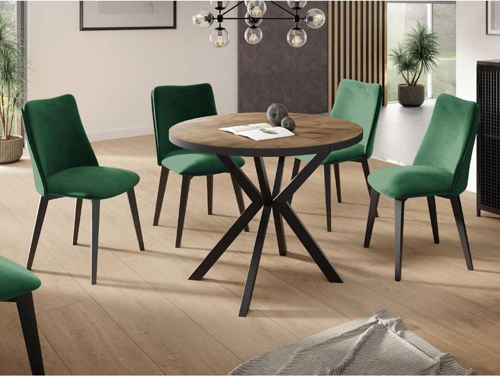 Runder Ausziehbar Tisch für das Esszimmer - Tischrand Schwarzes Nachbildung - 100 oder 120 cm - Ausziehbarer Tisch mit Pulverbeschichteten Schwarzen Metallbeinen - 100 cm - Lefkas Eiche