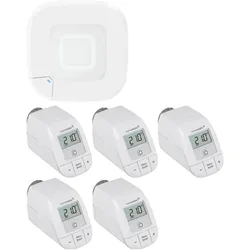 Homematic IP Set bestehend aus Funk Access Point 2 und 5x Heizkörperthermostat – basic, Smart Home Hub, Weiss