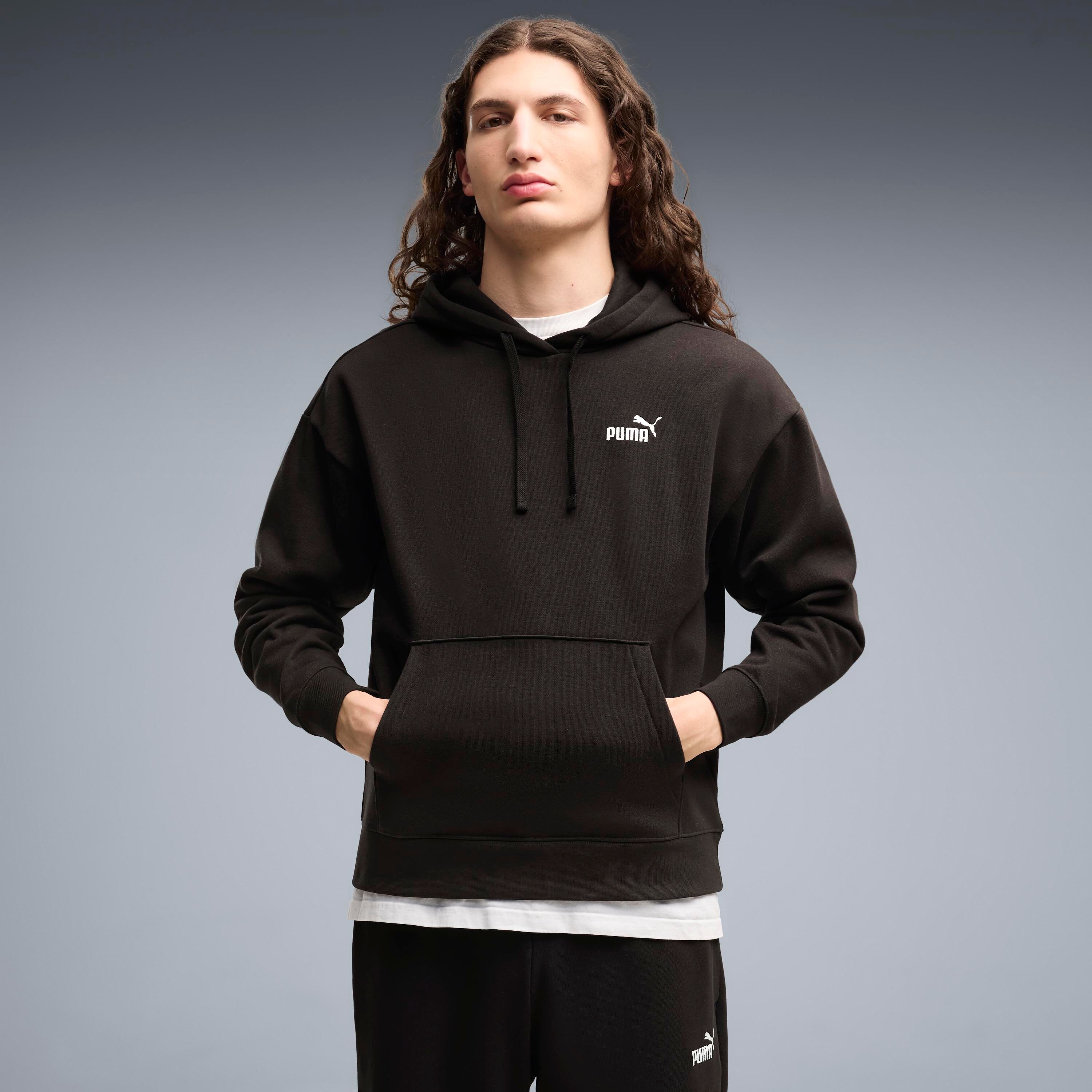 Kapuzensweatshirt PUMA "ESS SMALL NO 1 LOGO COMFORT HOODIE FL", Damen, Gr. S, schwarz (puma schwarz), Fleece, Obermaterial: 66% Baumwolle, 34% Polyester, unifarben, comfort fit normal, angesetztes Bündchen, Sweatshirts Kapuzensweatshirt, mit verstellbarer