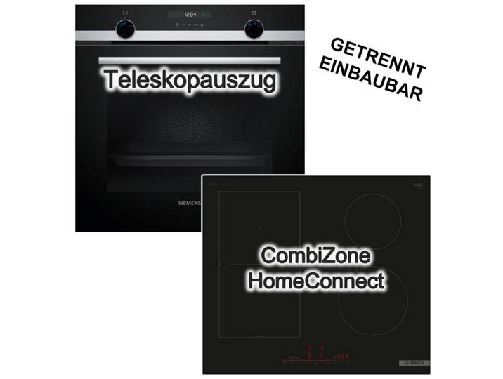SIEMENS Backofen-Set Backofen 3DHeißluft Hydrolyse + Bosch Induktionsfeld PowerBoost, mit 1-fach Teilauszug, Hydrolyse