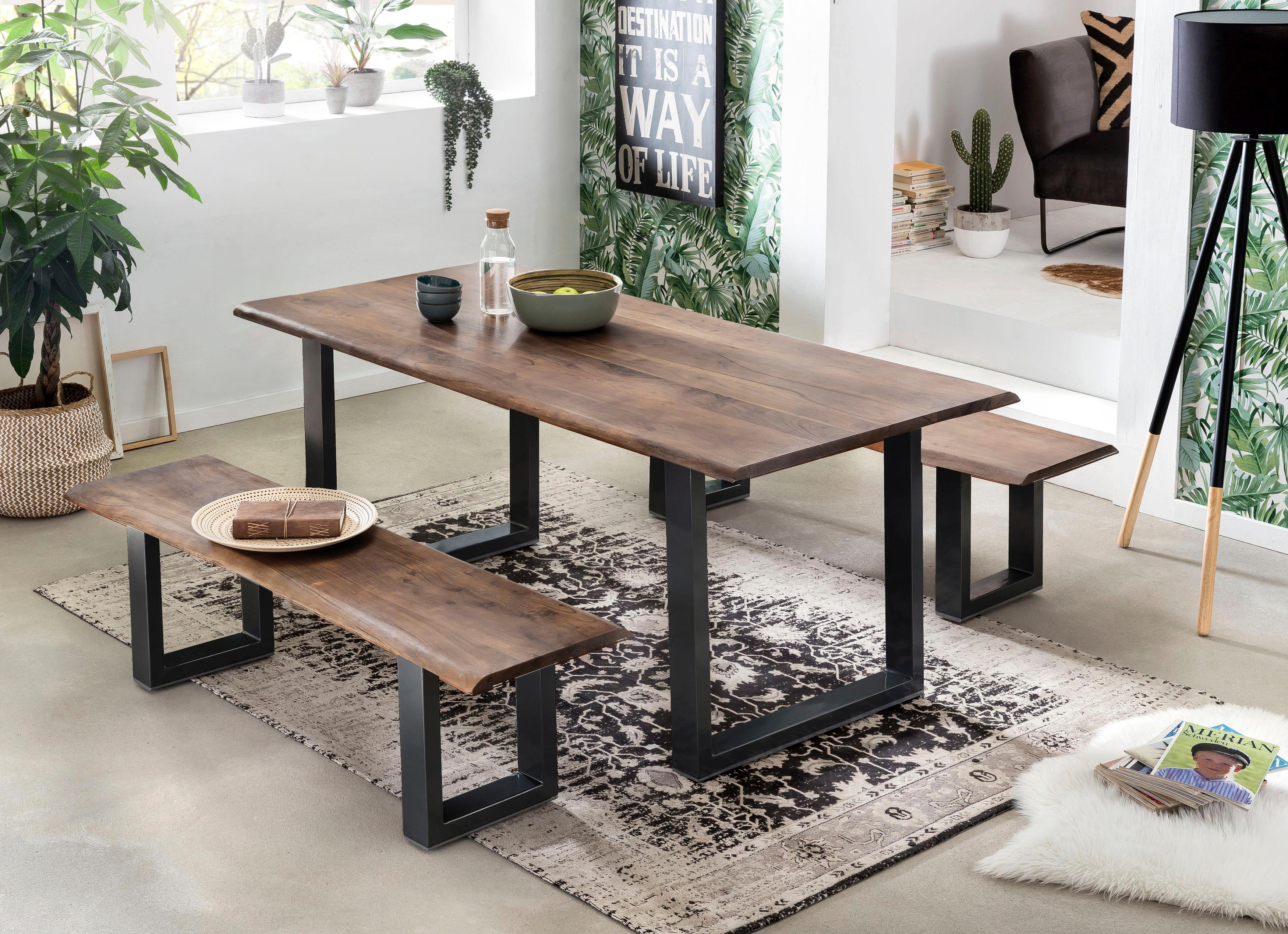 Esstisch SIT "Tartu Akazie Massivholz mit Baumkante & Stahl-Kufengestell", braun (nussbaumfarbig), B:200cm H:77cm T:100cm, Tische, Esstisch, Baumkante wie gewachsen trifft Kufengestell aus Stahl nussbaumfarbig B/H/T: 200cm x 77cm x 100cm