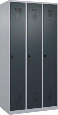 Kleiderspind C+P Evolo Plus, 3 Abteile, Anschlag rechts, Sicherheits-Drehriegel, B 900 x T 500 x H 1850 mm, weißaluminium/anthrazitgrau