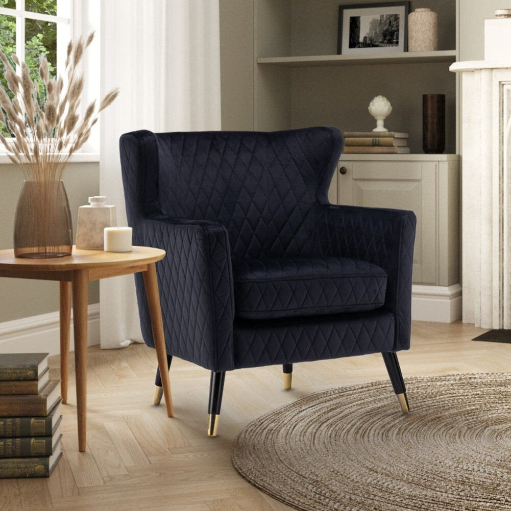 Fairmont Park Ghita Quilted Accent Velvet Wingback Chair Black 84cm H X 78cm W X 73cm D