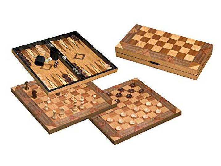 Philos 2522 - Schaakgammon Dame-set, veld 43 mm, koninghoogte 77 mm, Staunton design, natuur en bruin gebeitst, gewogen, inclusief speelstenen, dobbelstenen bekers en dobbelstenen