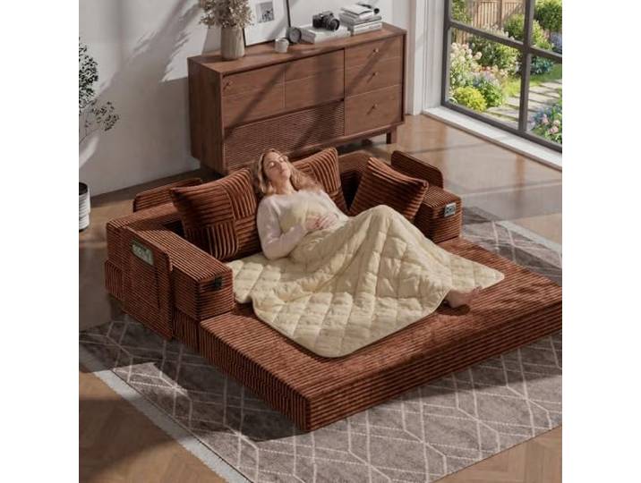 Fabulcozy 4-in-1 Schlafsofa 3-Sitzer mit Aufbewahrungs-Armlehnen, 2-in-1 Kissen-Decke Inklusive, Boneless in Cordvelours, Metallrahmen, Waschbarer Bezug, für Wohnzimmer & Schlafzimmer(Orange)