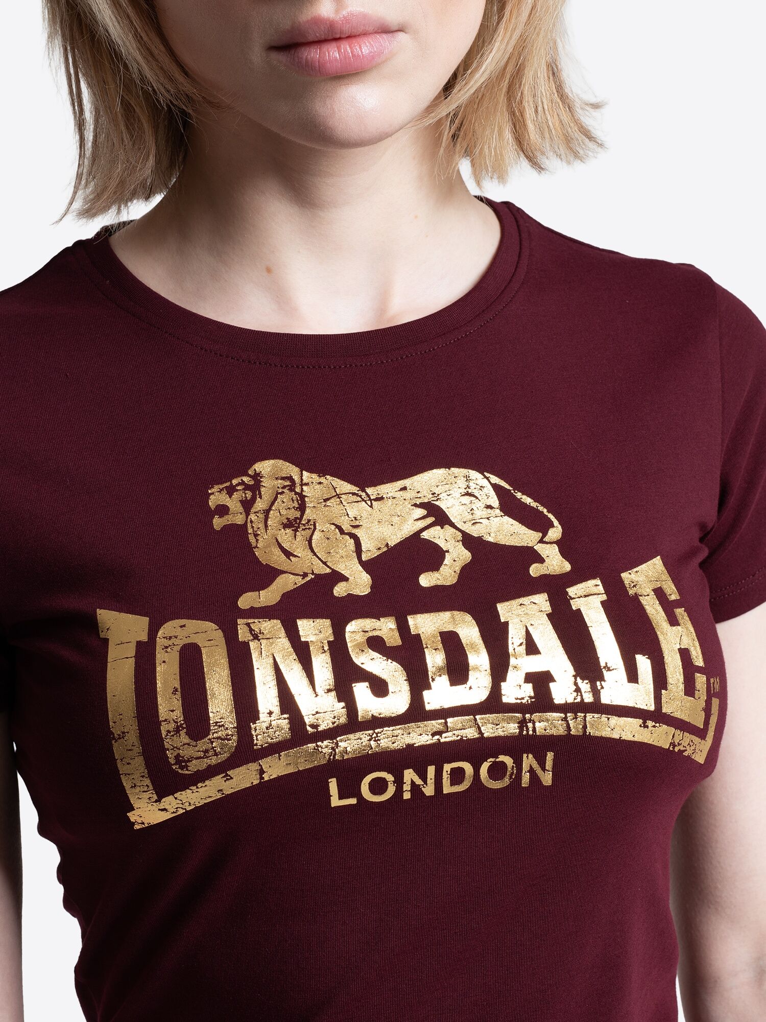 T-Shirt LONSDALE "BANTRY", Damen, Gr. L, braun (oxblood, gold), Obermaterial: 100% Baumwolle, Shirts T-Shirt, aus Baumwolle oxblood, gold L