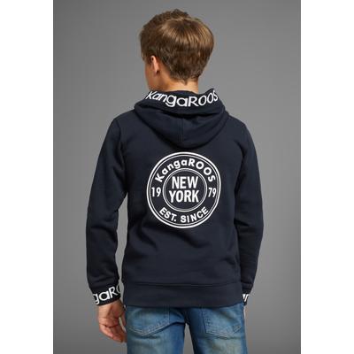 Kapuzensweatshirt KANGAROOS "Rückendruck", Jungen, Gr. 176/182, blau (marine), angeraute Sweatware, Obermaterial: 100% Baumwolle, bedruckt, Basic, angesetztes Bündchen, Sweatshirts, und Logo-Schriftzüge an Bündchen