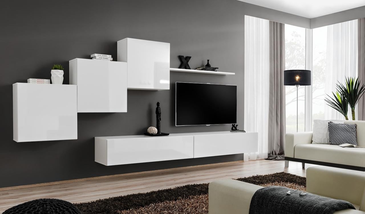 Moderne witte tv-meubelset met sideboard en houten woonkamerplanken