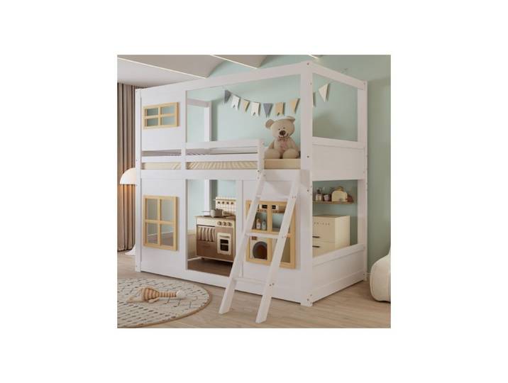 Lit mezzanine - SOGEU - Cabane - 90x200 cm - Escalier rangement - Toboggan - Blanc