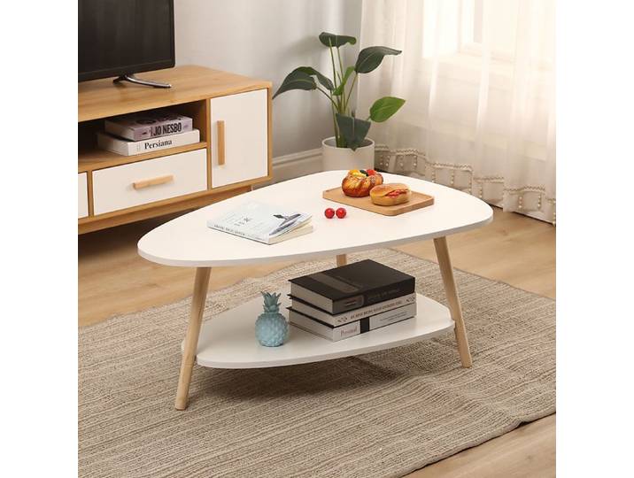 OHMG-Table Basse-Table Basse Ovale À Deux Niveaux Avec Pieds En Bois-Pour Salons-Armoires De Rangement Intégrées-Étanche-Blanc