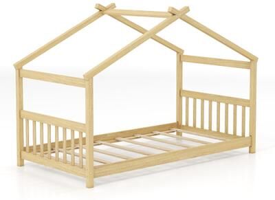 Costway Twin Size Wooden House Bed with Roof-Natural