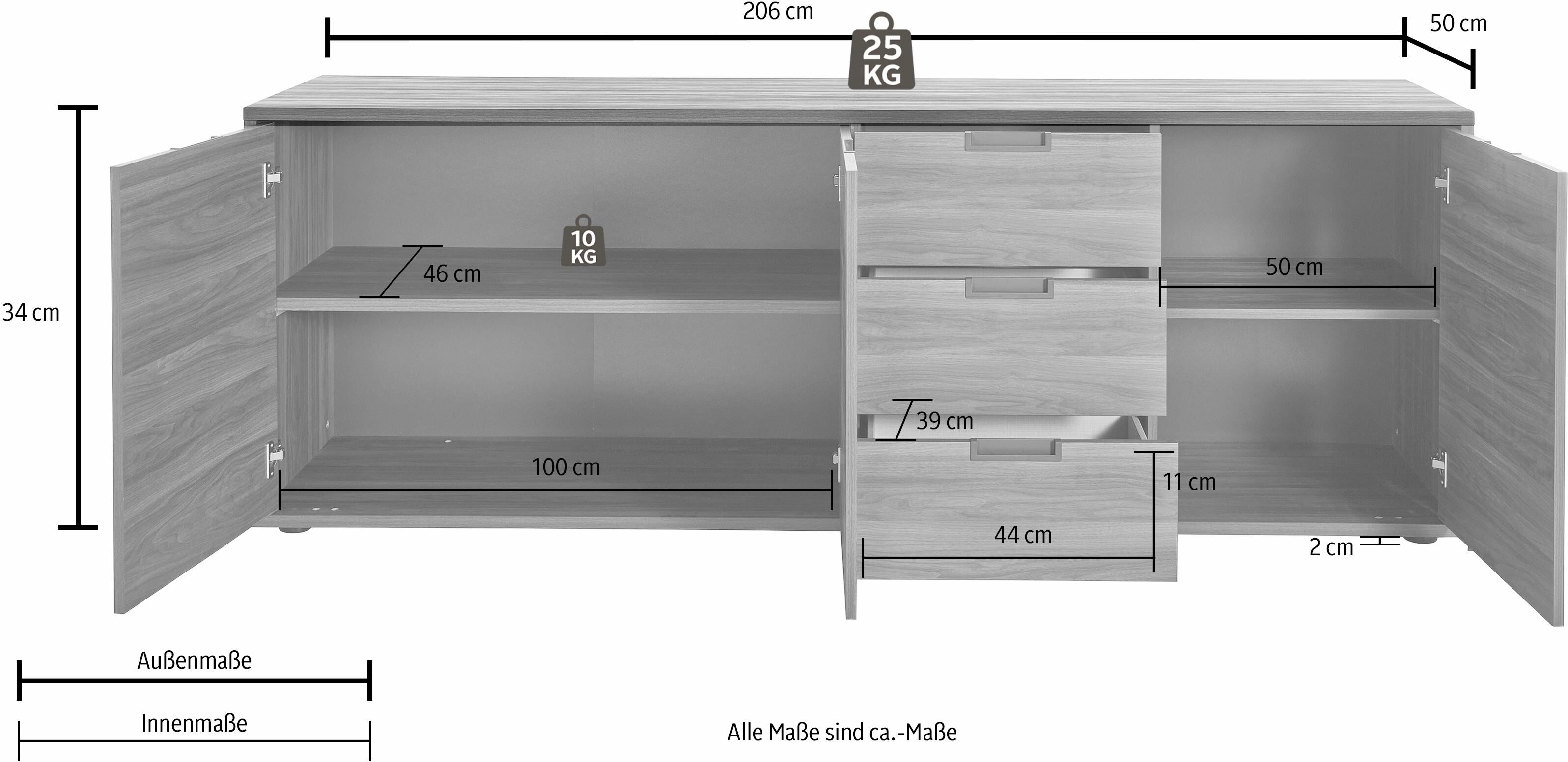 Sideboard HOME AFFAIRE "Palma", braun (eichefarben), Sideboards, Sideboard, Breite 206 cm