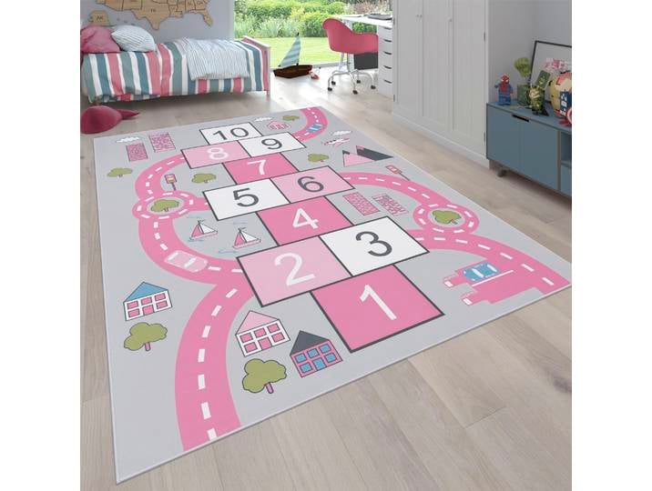 Kinderteppich PACO HOME Bino 569 , pink, B:80cm H:4mm L:150cm, Polyester, Teppiche, Kinderteppich, Kurzflor, Strassen-Spiel-Teppich & Motiv Hüpfkästchen Himmel & Hölle