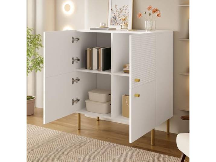 YAIXBNG Modernes weißes Sideboard aus MDF mit Zinklegierung-Griffen & Stahlbeinen – Stilvolles Aufbewahrungsmöbel für Wohnzimmer, Schlafzimmer & Flur
