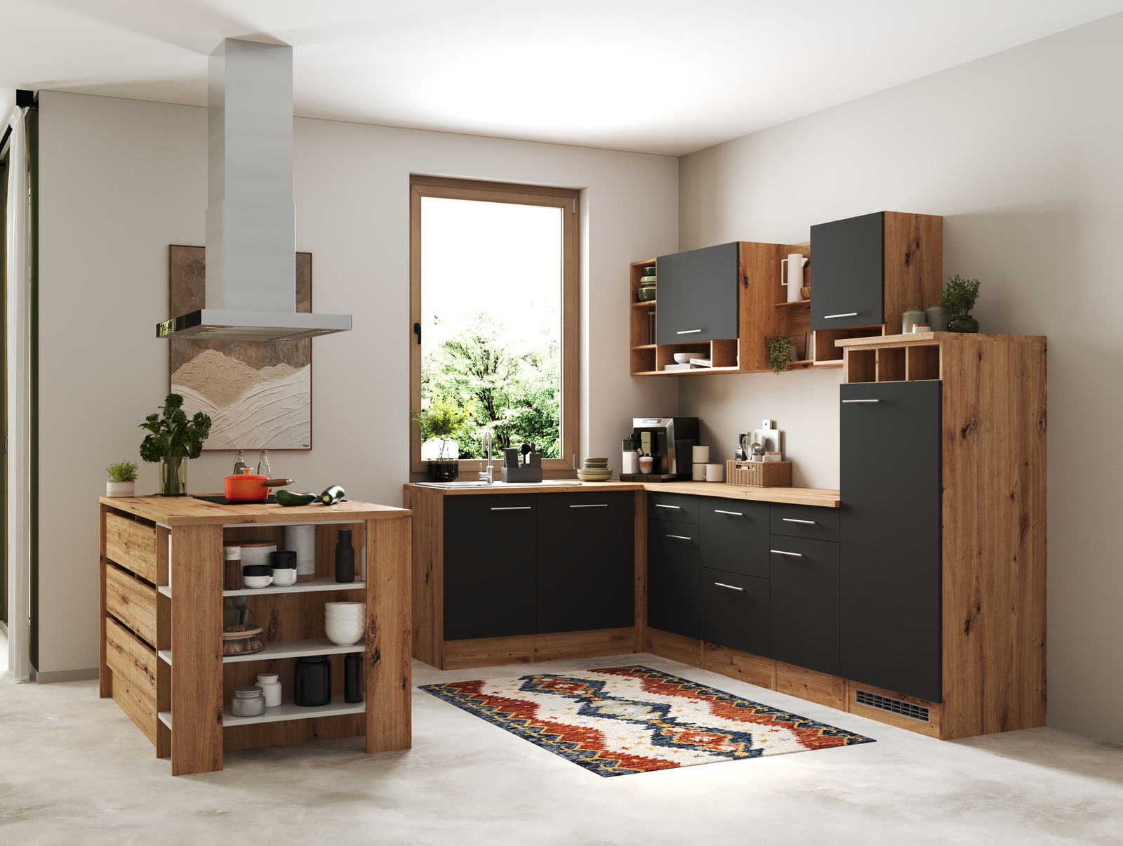 home24 Hoekkeuken Hilde met kookeiland Combi A, grijs/grijs, 280 cm