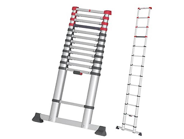 Hailo T80 FlexLine Alu-Sicherheits-Teleskopleiter - ausziehbare Anlegeleiter mit 13 Sprossen - Arbeitshöhe bis 450 cm - Gewicht 13,1 kg - Silber