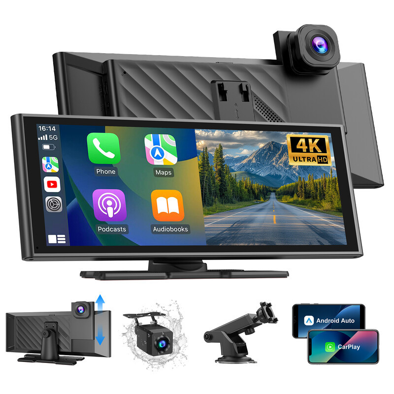 ESSGOO 10,26 inch draadloos CarPlay en Android Auto systeem met 4K dashcam en 1080P HD achtercamera, GPS-navigatie en Bluetooth 5.3