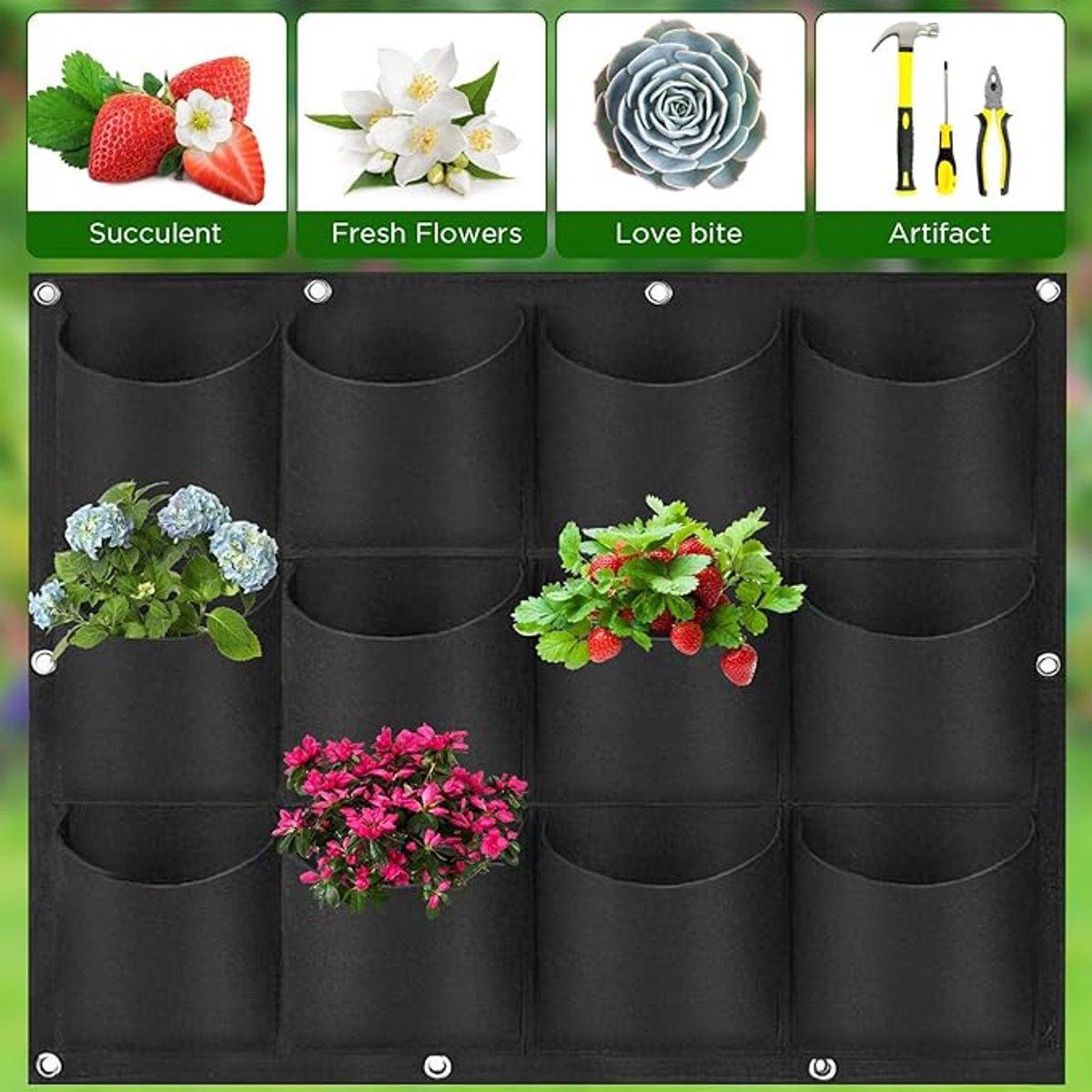 Verticale Plantenzakken met 12 Vakken – 80 x 60 cm – Hangende Vilten Plantenwand voor Balkon, Tuin en Terras
