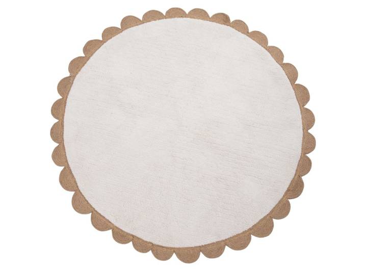 Runder Teppich aus recycelter Baumwolle und Jute, beige und gebrochen weiß, D114cm