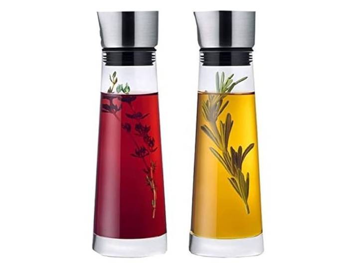 blomus -ALINJO- Essig & Öl Set aus mattem Edelstahl und klarem Glas, vielseitig einsetzbar, präzises Dosieren, leicht zu reinigen, Küchenaccessoire (H / B / T: 20 x 5 x 5 cm, Edelstahl, 63509)