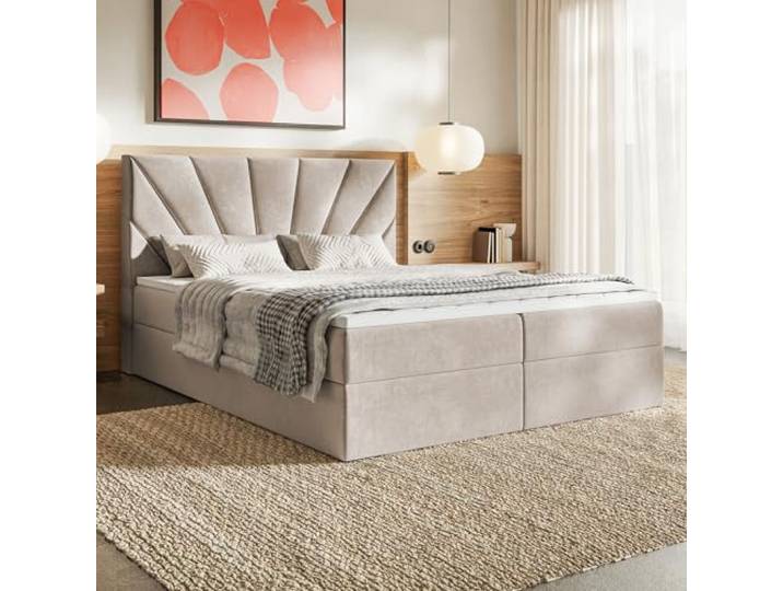 MOTIVENA Aspen Boxspringbett 180x200 mit Bettkasten und Topper, Polsterbett 180x200 mit Bettkasten, Bonellfederkern-Matratze (H4), Visco Memory-Foam Topper (H2), Samt, Beige (Creme)