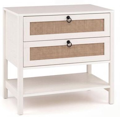 Costway Boho Rattan Nightstand with 2 Drawers and Bottom Open Shelf-White