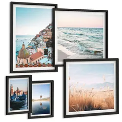 BILDER SET 5er Set - 50x50 cm & 20x30 cm & 40x60 cm Schwarzer Rahmen - Vögel im Flug, Himmel, Mond
