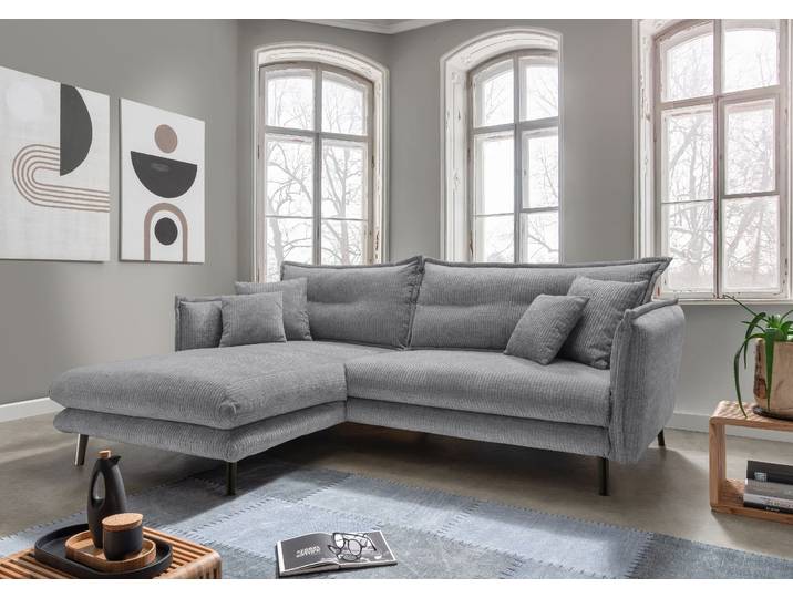 Ecksofa, 255x180 cm, Velours, Grau, Schmale Armlehnen & Recamiere Links, Modern, Inosign