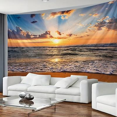 Wandteppich mit Sonnenuntergangsmotiv, Strand, Ozean, Wellen, Sonnenstrahlen, Naturlandschaft – Wandbild für Wohnzimmer, Yoga-Raum, Meditationsraum