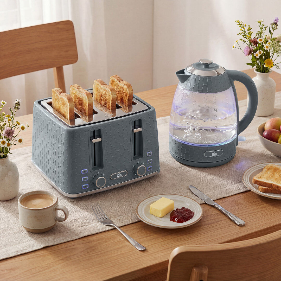 HOMCOM Kettle and Toaster Set with Strix Thermostat Crumb Tray Grey 4 - Slice