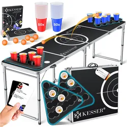 KESSER® Bier Pong Tisch Set mit Kartenspiel Trinkspiel inkl. 100 Becher (50 Rot & 50 Blau), 6 Bälle + Regelwerk Partyspiele Table Höhenverstellbar Klappbarer ohne oder mit LED