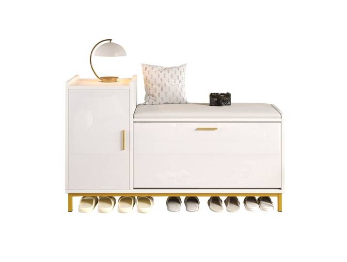 ELVORIN Meuble à chaussures banc à chaussures 100 x 38 x 68 cm blanc et doré assise rembourrée 2 étagères 1 armoire