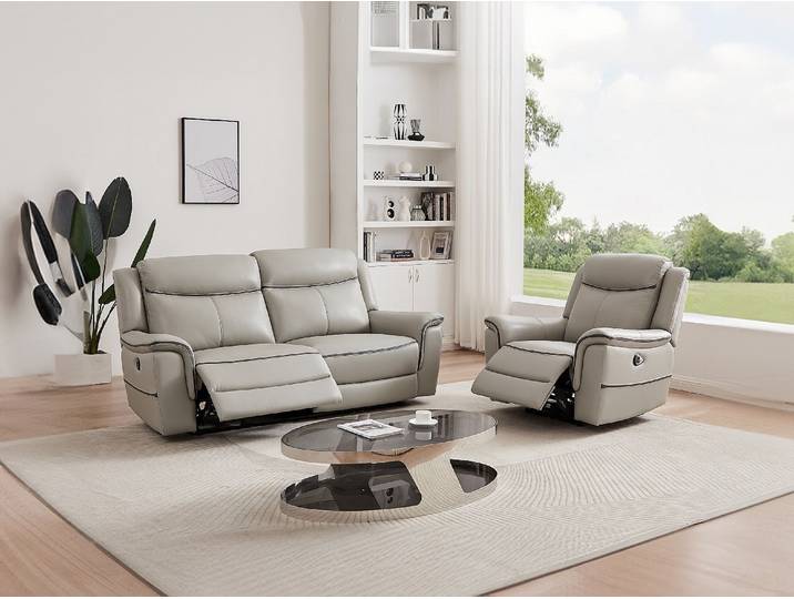 Relaxsofa 3-Sitzer & Relaxsessel elektrisch - Leder - Hellgrau - ADELIO