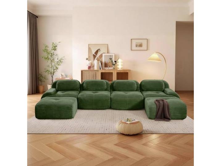 SoarFlash Modernes modulares Sofa, Kordtstoff-Oberfläche, Tiefe Sitzfläche + breite Armlehnen, werkfertig, 4-Sitzer U-Sofa, Vert foncé