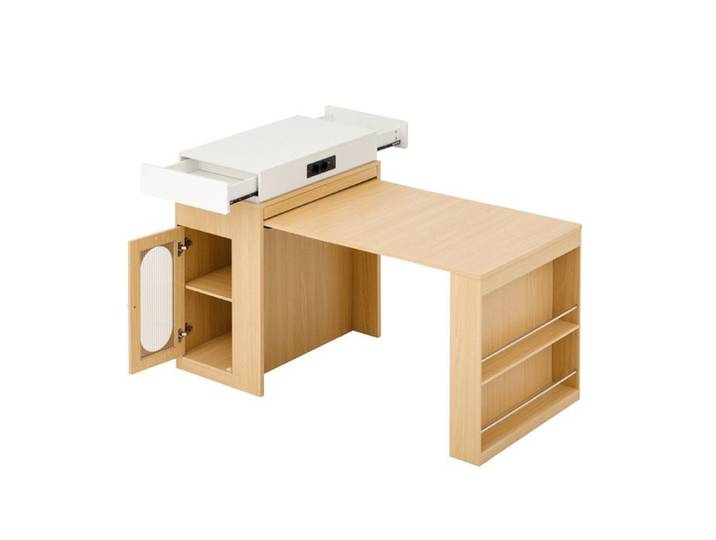 Îlot central de cuisine extensible avec table pliante prises intégrées et rangements naturel et blanc