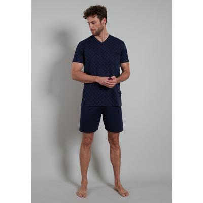 Shorty BUGATTI "Modena", Herren, Gr. 54, blau (blau, dunkel, allover), Single Jersey, Obermaterial: 60% Baumwolle, 40% Polyester, gemustert, unifarben, Basic kurz, V-Ausschnitt, Homewear-Sets Shorty, V-Ausschnitt, Kurzarm, kurze Hose, bequem,...